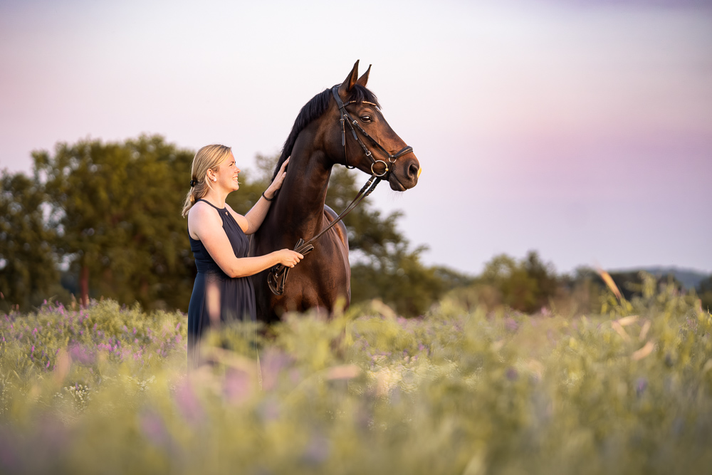 Foto von Lisa Werner Fotografie, Pferd und Mensch, Frau und Warmblut stehen in einem Blumenfeld im Sonnenuntergang